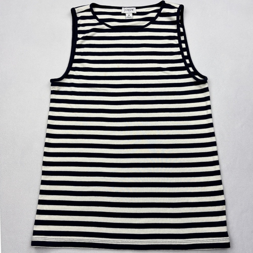 JCrew Factory Tank Top Womens Medium Blue White Striped Ribbed Cotton High Neck